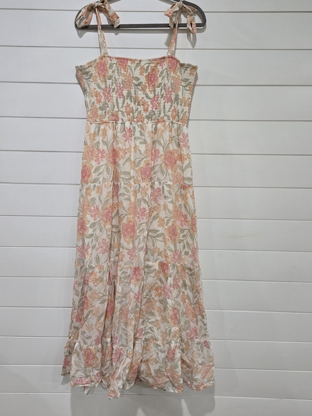 Lovestitch Morning Meadow Smocked Maxi Dress Pink Peach Floral Print Tie Straps